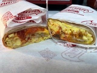 BREAKFAST BURRITO (3 EGGS, MEAT, CHEESE, HASHBROWN, SALSA & HOT SAUCE)